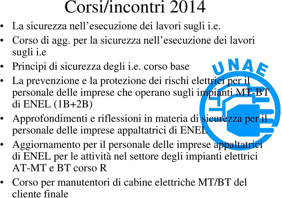 MT-BT di ENEL (1B+2B) Approfondimenti e riflessioni in materia di sicurezza per il personale delle imprese appaltatrici di ENEL Aggiornamento per il