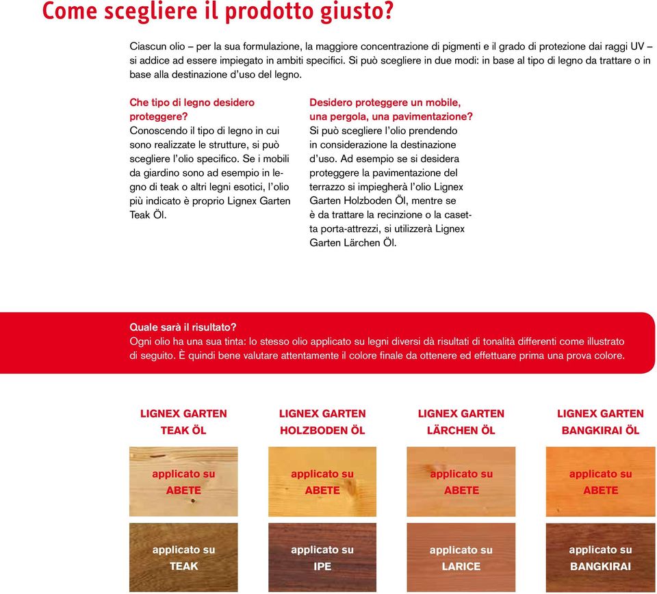 Conoscendo il tipo di legno in cui sono realizzate le strutture, si può scegliere l olio specifico.