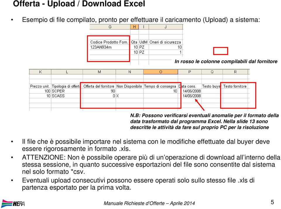 Nella slide 13 sono descritte le attività da fare sul proprio PC per la risoluzione Il file che è possibile importare nel sistema con le modifiche effettuate dal buyer deve essere