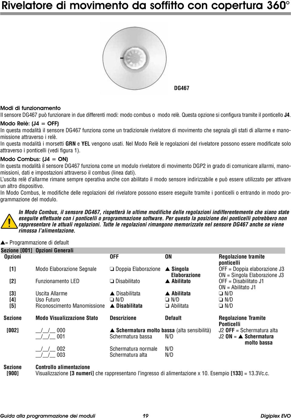 Modo Relè: (J4 = OFF) In questa modalità il sensore DG467 funziona come un tradizionale rivelatore di movimento che segnala gli stati di allarme e manomissione attraverso i relè.