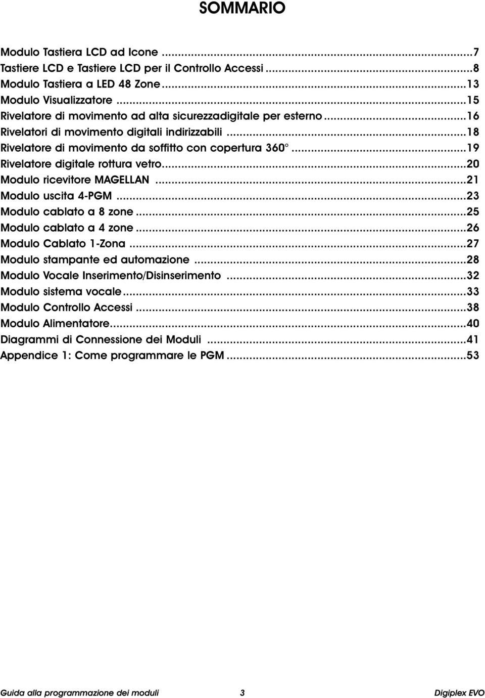 ..19 Rivelatore digitale rottura vetro...20 Modulo ricevitore MAGELLAN...21 Modulo uscita 4-PGM...23 Modulo cablato a 8 zone...25 Modulo cablato a 4 zone...26 Modulo Cablato 1-Zona.