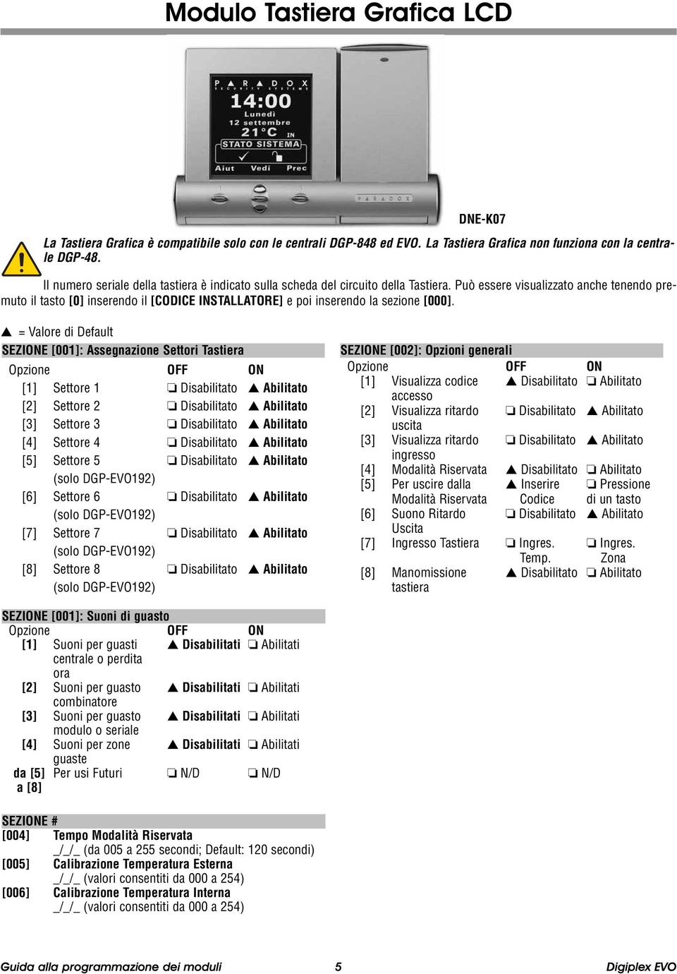 Può essere visualizzato anche tenendo premuto il tasto [0] inserendo il [CODICE INSTALLATORE] e poi inserendo la sezione [000].