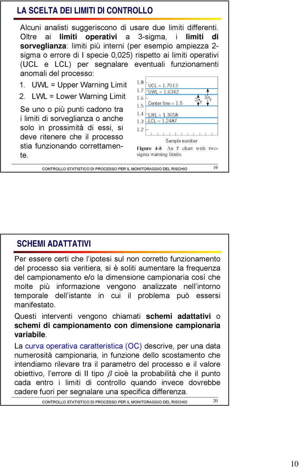 eventuali funzionamenti anomali del processo: 1. UWL = Upper Warning Limit 2.