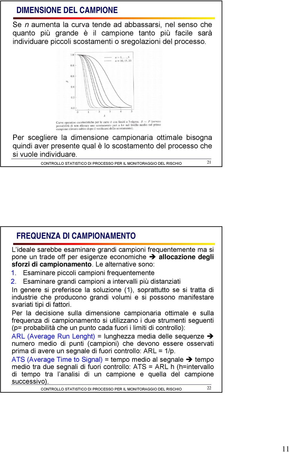 21 FREQUENZA DI CAMPIONAMENTO L ideale sarebbe esaminare grandi campioni frequentemente ma si pone un trade off per esigenze economiche allocazione degli sforzi di campionamento.