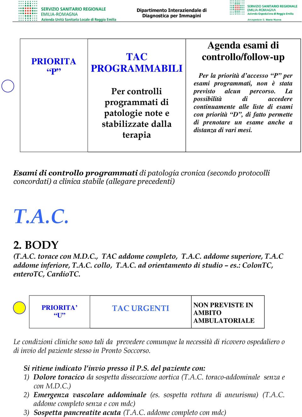 Esami di controllo programmati di patologia cronica (secondo protocolli concordati) a clinica stabile (allegare precedenti) T.A.C. 2. BODY (T.A.C. torace con M.D.C., TAC addome completo, T.A.C. addome superiore, T.