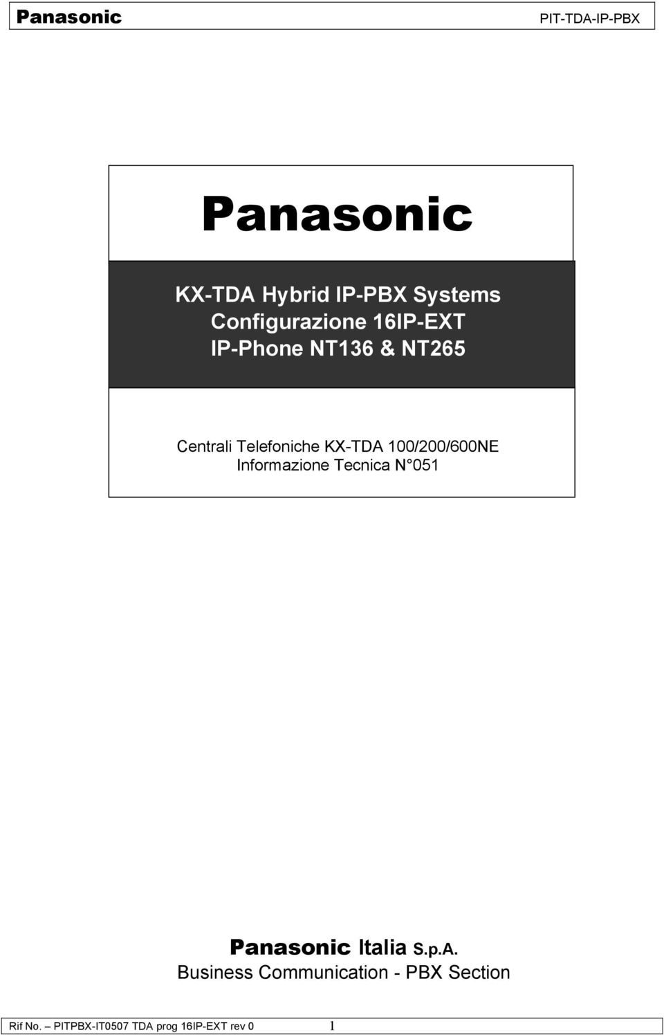 Informazione Tecnica N 051 Panasonic Italia S.p.A.