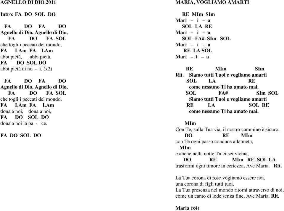FA DO SOL DO MARIA, VOGLIAMO AMARTI RE MIm SIm Mari i a SOL LA RE Mari i a SOL FA# SIm SOL Mari i a RE LA SOL Mari i a RE MIm SIm Rit.