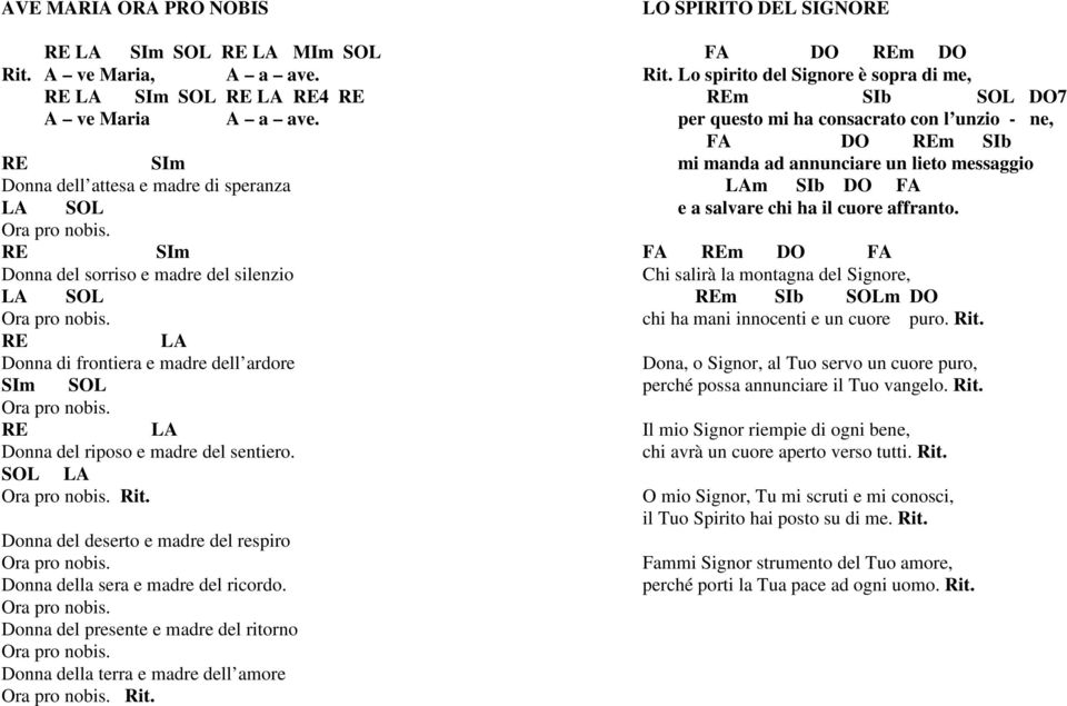 SOL LA Ora pro nobis. Rit. Donna del deserto e madre del respiro Ora pro nobis. Donna della sera e madre del ricordo. Ora pro nobis. Donna del presente e madre del ritorno Ora pro nobis.