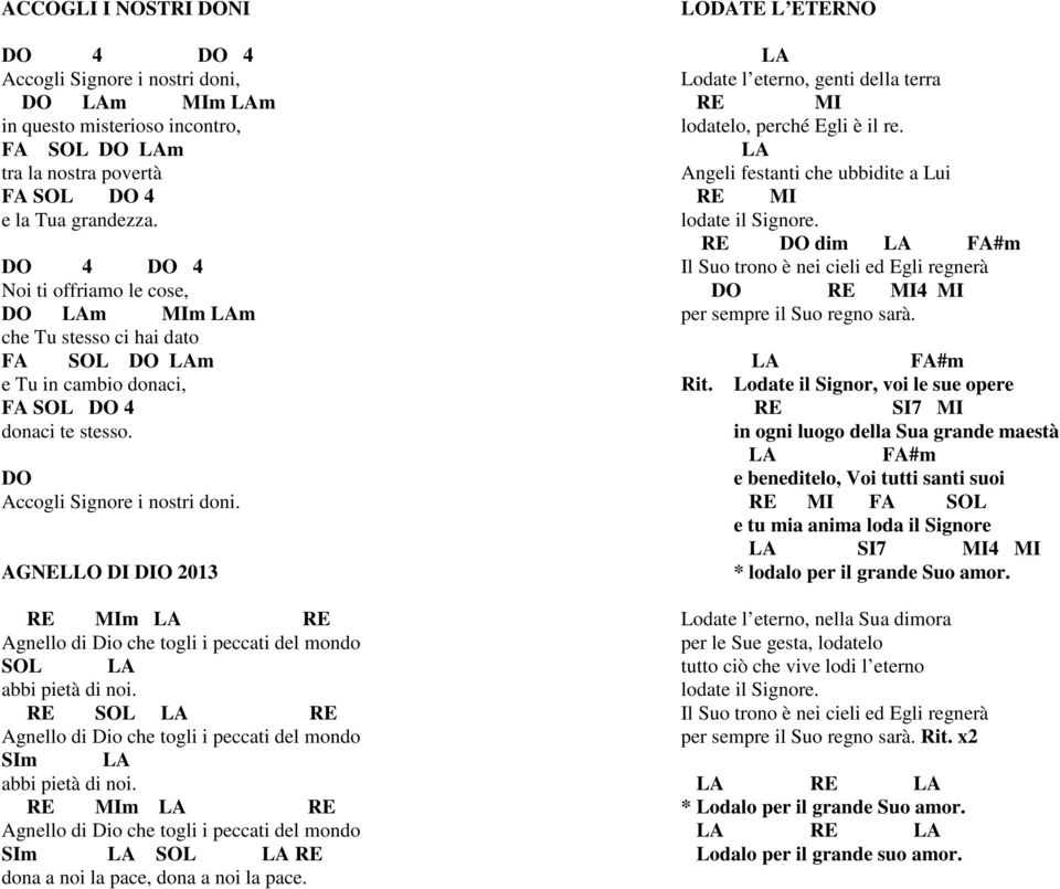 AGNELLO DI DIO 2013 RE MIm LA RE Agnello di Dio che togli i peccati del mondo SOL LA abbi pietà di noi. RE SOL LA RE Agnello di Dio che togli i peccati del mondo SIm LA abbi pietà di noi.