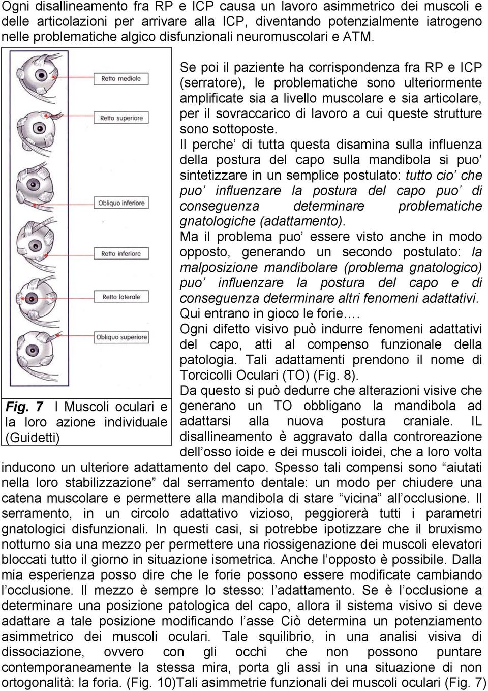 7 I Muscoli oculari e la loro azione individuale (Guidetti) Se poi il paziente ha corrispondenza fra RP e ICP (serratore), le problematiche sono ulteriormente amplificate sia a livello muscolare e