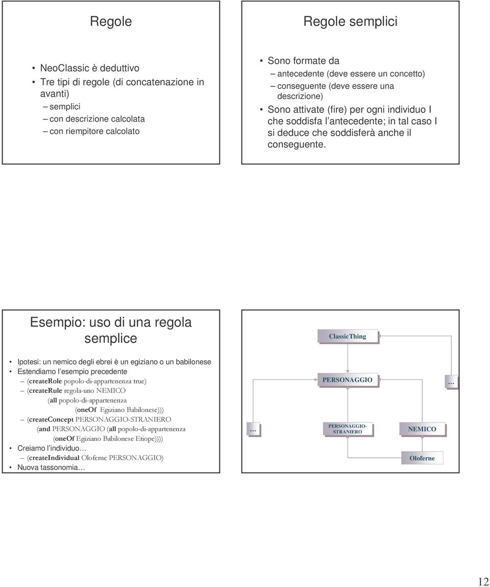 Esempio: uso di una regola semplice ClassicThing Ipotesi: un nemico degli ebrei è un egiziano o un babilonese Estendiamo l esempio precedente (createrole popolo-di-appartenenza true) (createrule