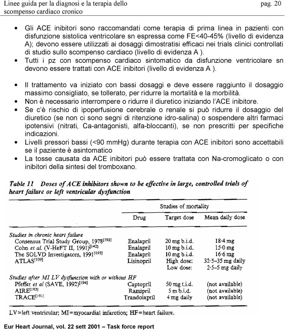 Tutti i pz con scompenso cardiaco sintomatico da disfunzione ventricolare sn devono essere trattati con ACE inibitori (livello di evidenza A ).