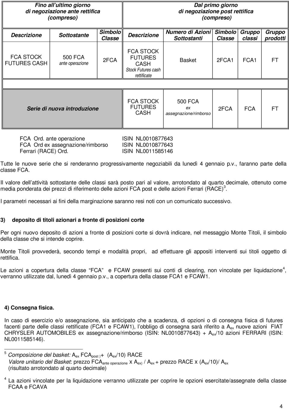 Il valore dell attività sottostante delle classi sarà posto pari al valore, arrotondato al quarto decimale, ottenuto come media ponderata dei prezzi di riferimento delle azioni FCA post e delle