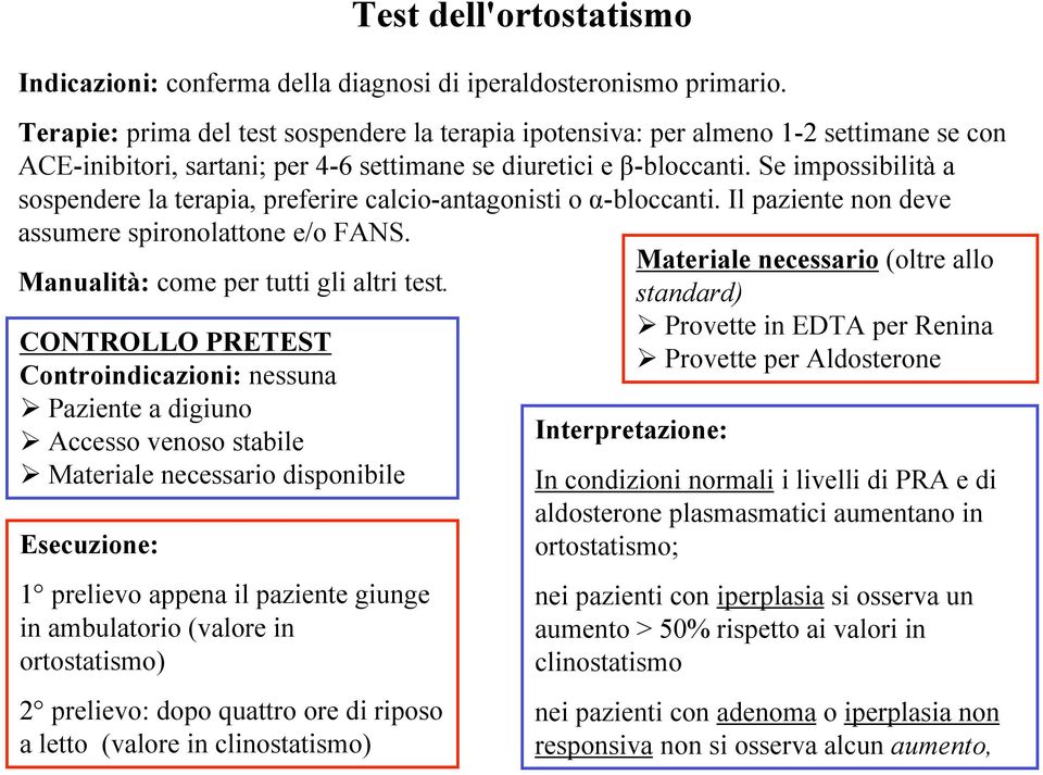 Se impossibilità a sospendere la terapia, preferire calcio-antagonisti o α-bloccanti. Il paziente non deve assumere spironolattone e/o FANS. Manualità: come per tutti gli altri test.