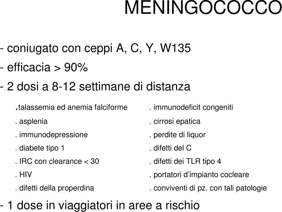 perdite di liquor. diabete tipo 1. difetti del C. IRC con clearance < 30. difetti dei TLR tipo 4. HIV.