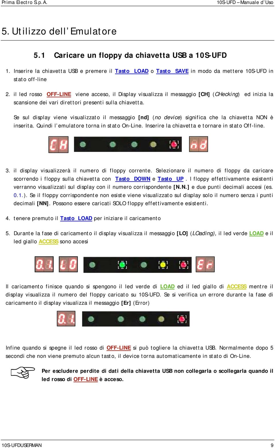 Se sul display viene visualizzato il messaggio [nd] (no device) significa che la chiavetta NON è inserita. Quindi l emulatore torna in stato On-Line. Inserire la chiavetta e tornare in stato Off-line.