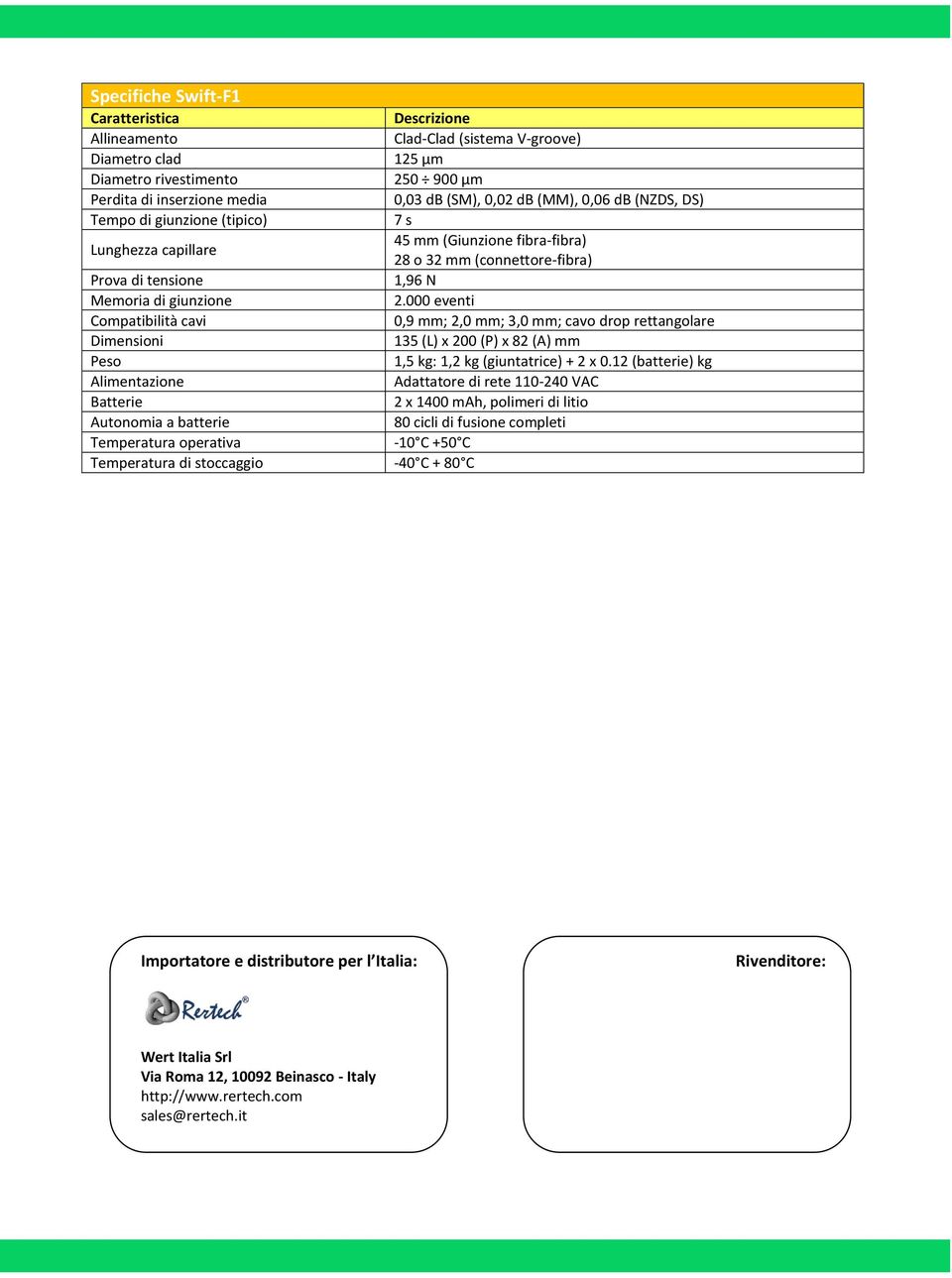 000 eventi Compatibilità cavi 0,9 mm; 2,0 mm; 3,0 mm; cavo drop rettangolare Dimensioni 135 (L) x 200 (P) x 82 (A) mm Peso 1,5 kg: 1,2 kg (giuntatrice) + 2 x 0.