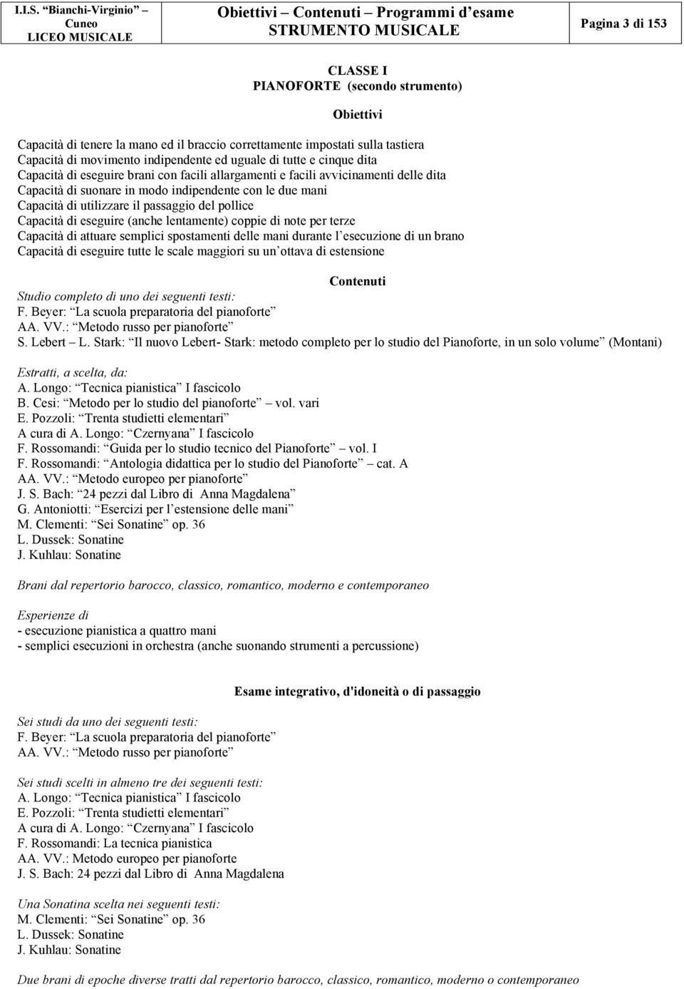 Capacità di eseguire (anche lentamente) coppie di note per terze Capacità di attuare semplici spostamenti delle mani durante l esecuzione di un brano Capacità di eseguire tutte le scale maggiori su