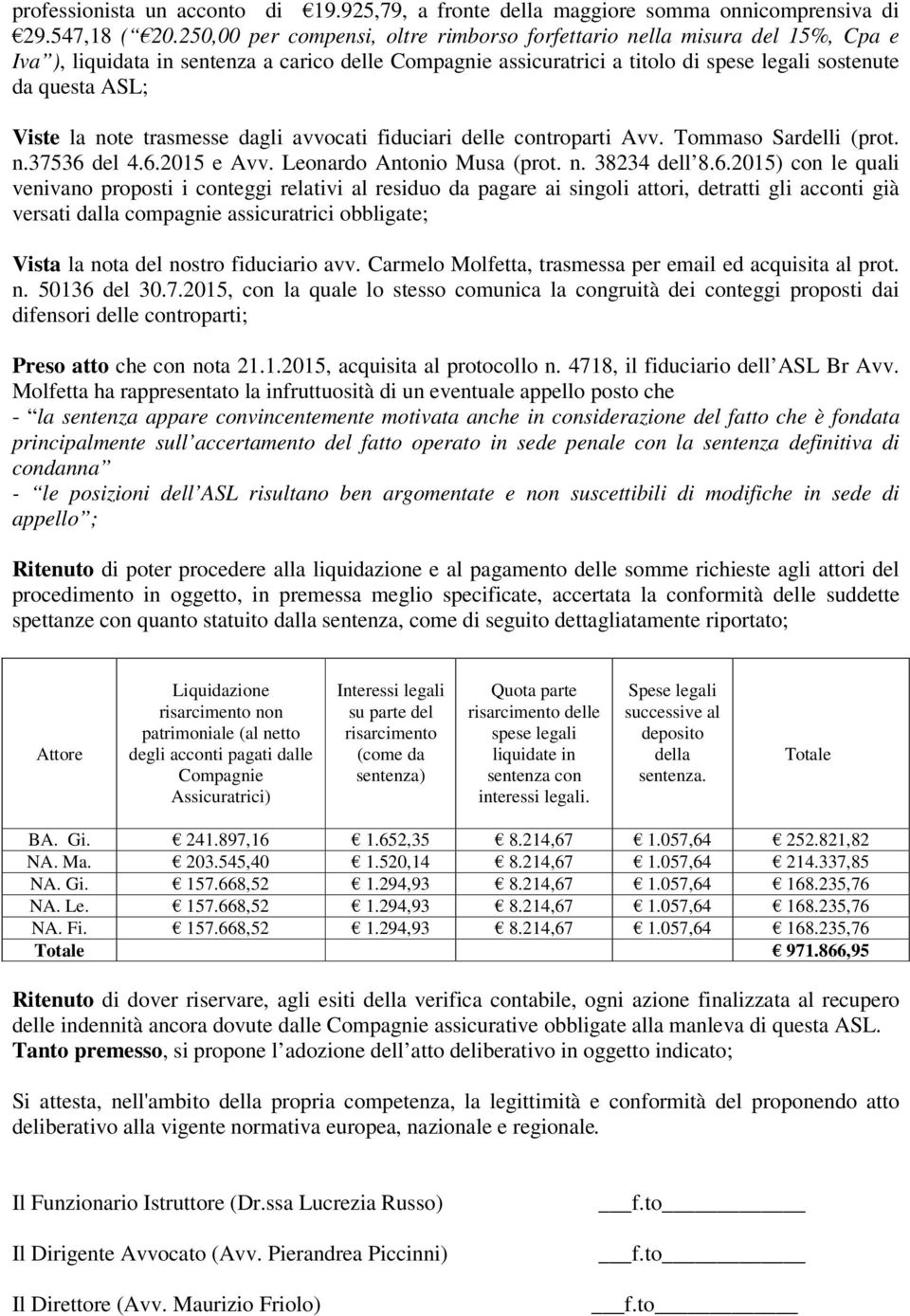 la note trasmesse dagli avvocati fiduciari delle controparti Avv. Tommaso Sardelli (prot. n.37536 