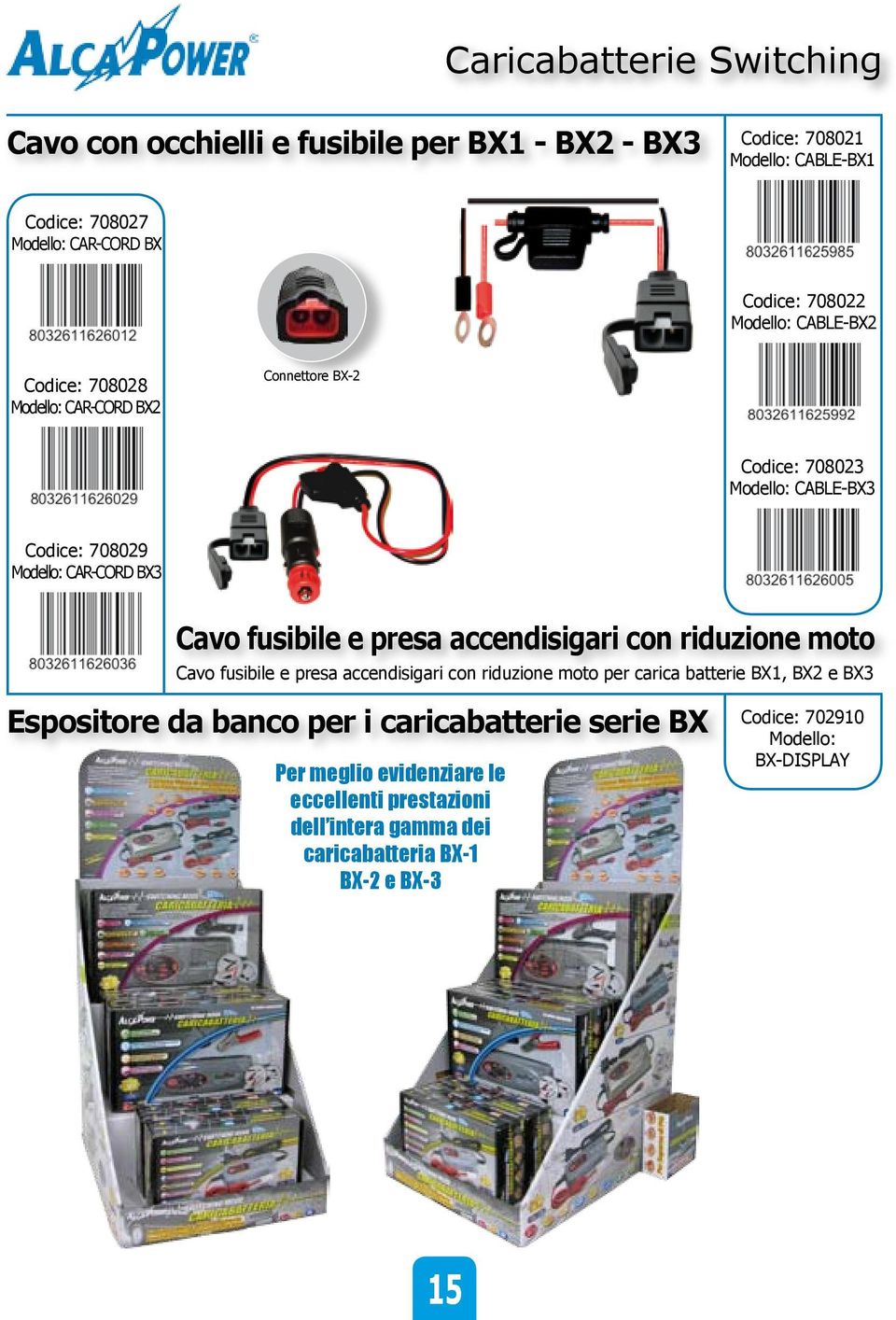 presa accendisigari con riduzione moto Cavo fusibile e presa accendisigari con riduzione moto per carica batterie BX1, BX2 e BX3 Espositore da banco per i