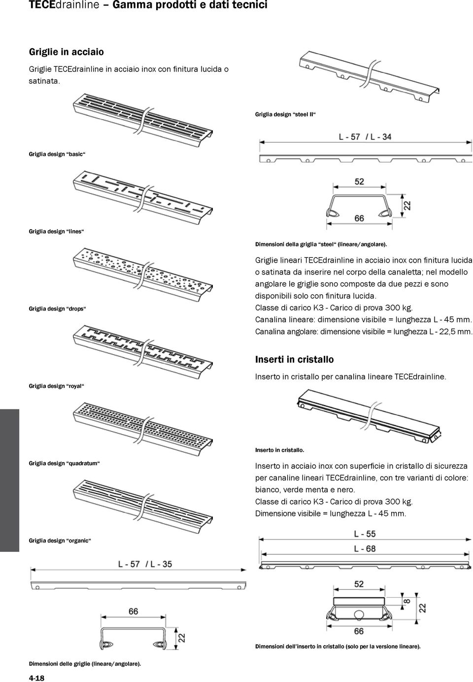 Griglia design drops Griglie lineari TECEdrainline in acciaio inox con finitura lucida o satinata da inserire nel corpo della canaletta; nel modello angolare le griglie sono composte da due pezzi e