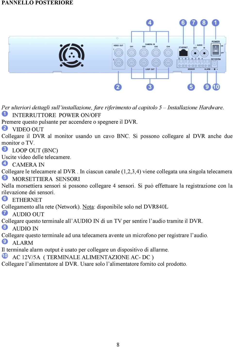 In ciascun canale (1,2,3,4) viene collegata una singola telecamera MORSETTIERA SENSORI Nella morsettiera sensori si possono collegare 4 sensori.