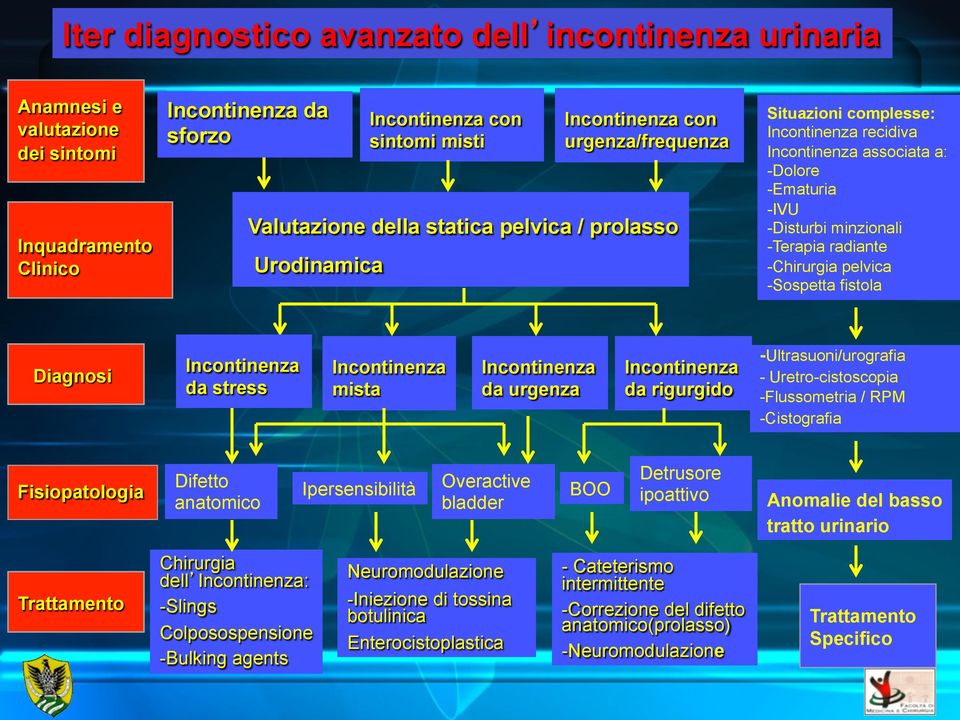 Chirurgia pelvica - Sospetta fistola Diagnosi Incontinenza da stress Incontinenza mista Incontinenza da urgenza Incontinenza da rigurgido -Ultrasuoni/urografia - Uretro-cistoscopia - Flussometria /