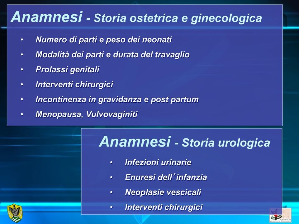 Incontinenza in gravidanza e post partum Menopausa, Vulvovaginiti Anamnesi - Storia