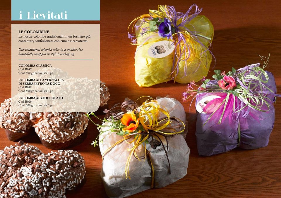 Our traditional colomba cakes in a smaller size, beautifully wrapped in stylish packaging.