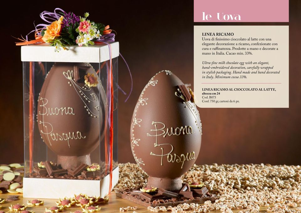 Ultra-fine milk chocolate egg with an elegant, hand-embroidered decoration, carefully wrapped in stylish packaging.