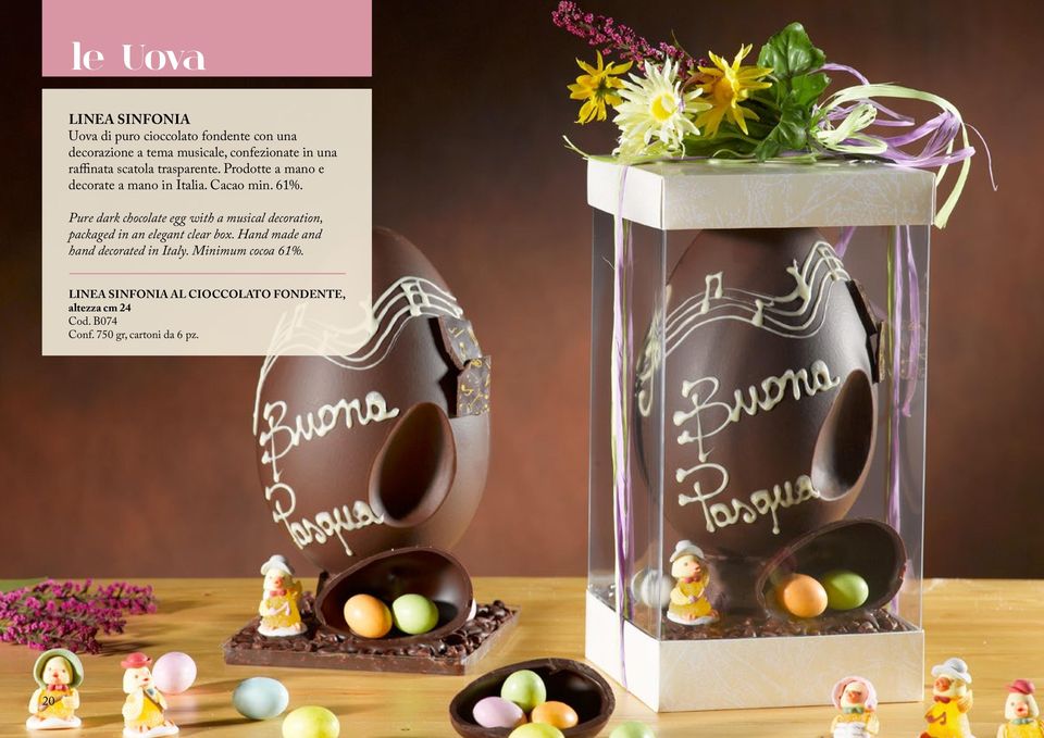 Pure dark chocolate egg with a musical decoration, packaged in an elegant clear box.