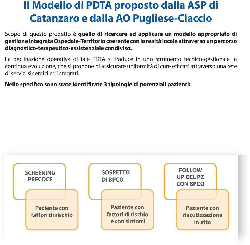 La declinazione operativa di tale PDTA si traduce in uno strumento tecnico-gestionale in continua evoluzione, che si propone di assicurare uniformità di cure efficaci attraverso una rete di