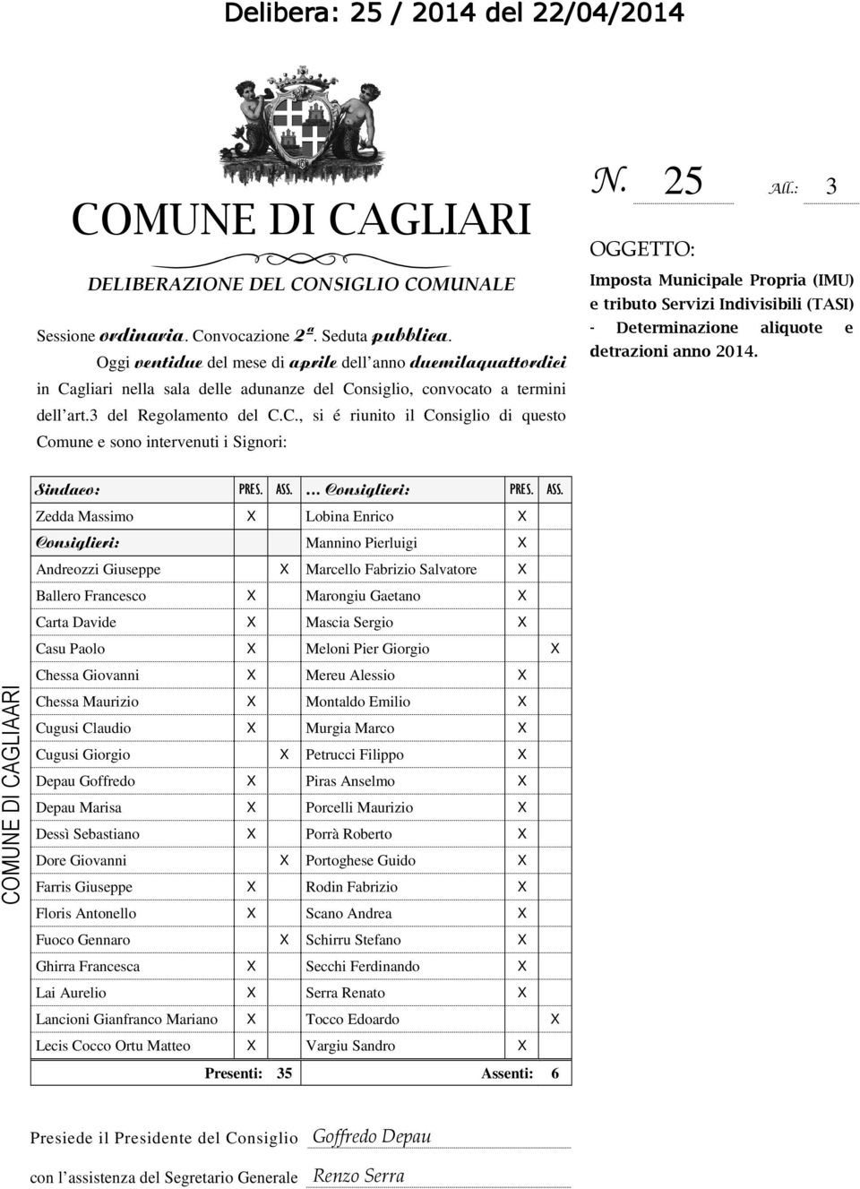 25 All.: 3 OGGETTO: Imposta Municipale Propria (IMU) e tributo Servizi Indivisibili (TASI) - Determinazione aliquote e detrazioni anno 2014. Sindaco: PRES. ASS.