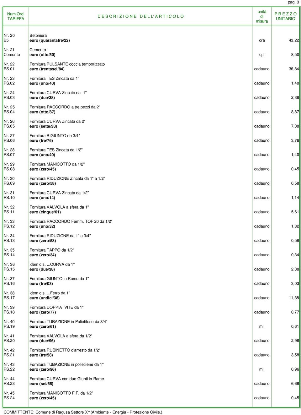 04 euro (otto/87) cadauno 8,87 Nr. 26 Fornitura CURVA Zincata da 2" PS.05 euro (sette/38) cadauno 7,38 Nr. 27 Fornitura BIGIUNTO da 3/4" PS.06 euro (tre/76) cadauno 3,76 Nr.