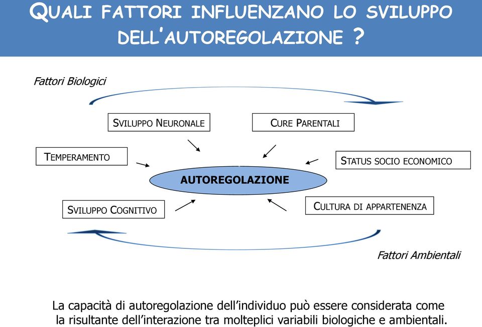 AUTOREGOLAZIONE SVILUPPO COGNITIVO CULTURA DI APPARTENENZA Fattori Ambientali La capacità di