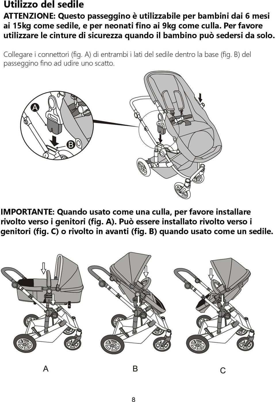 A) di entrambi i lati del sedile dentro la base (fig. B) del passeggino fino ad udire uno scatto.