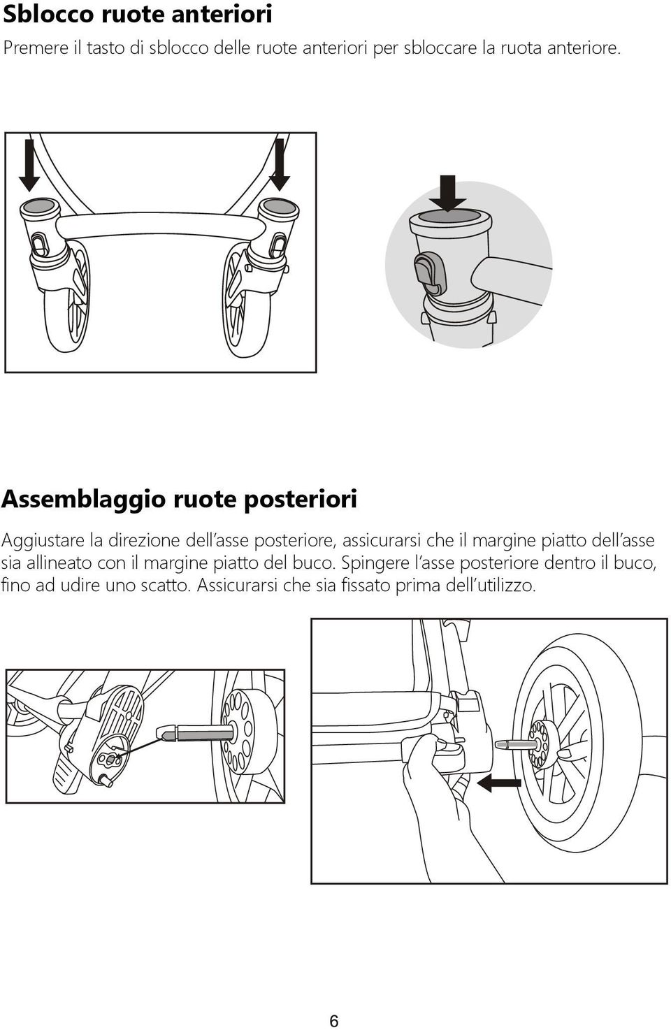 Assemblaggio ruote posteriori Aggiustare la direzione dell asse posteriore, assicurarsi che il