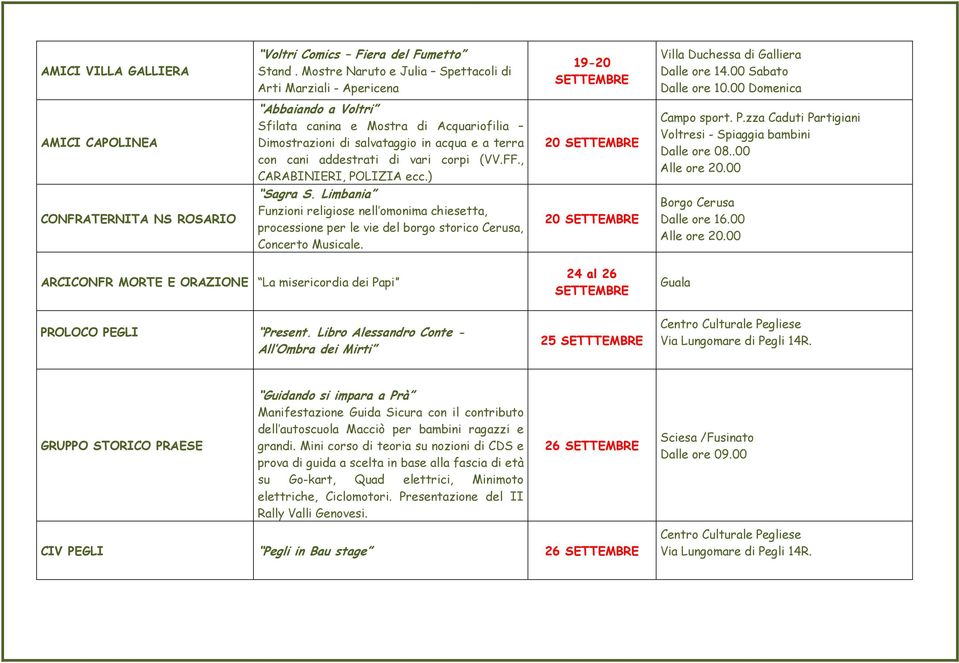 , CARABINIERI, POLIZIA ecc.) 20 Campo sport. P.zza Caduti Partigiani Voltresi - Spiaggia bambini Dalle ore 08..00 Alle ore 20.00 CONFRATERNITA NS ROSARIO Sagra S.