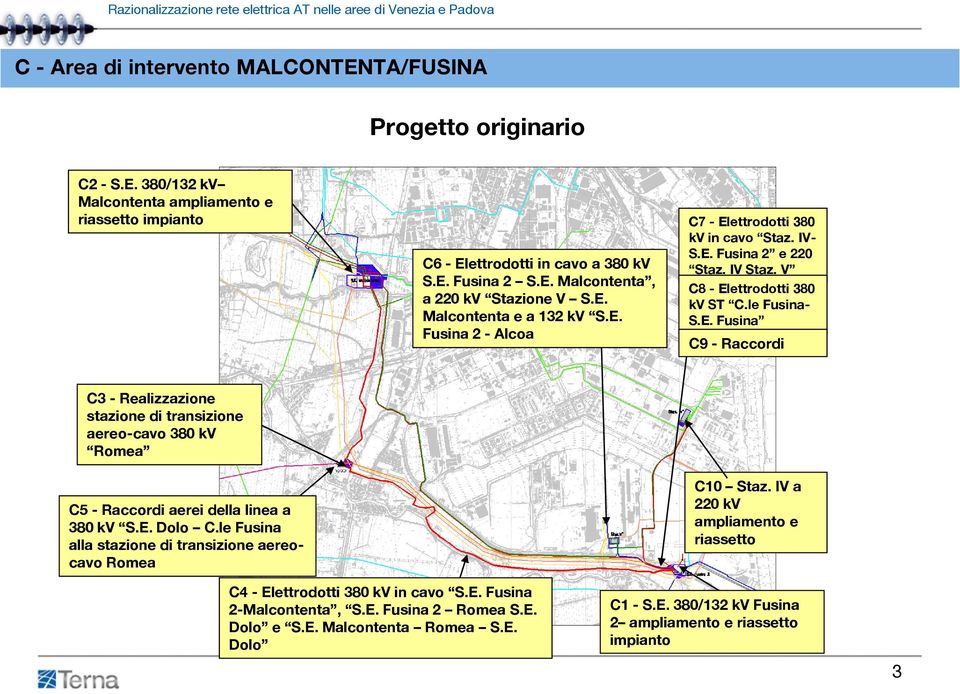 E. Dolo C.le Fusina alla stazione di transizione aereocavo Romea C10 Staz. IV a 220 kv ampliamento e riassetto C4 - Elettrodotti 380 kv in cavo S.E. Fusina 2-Malcontenta, S.E. Fusina 2 Romea S.E. Dolo e S.