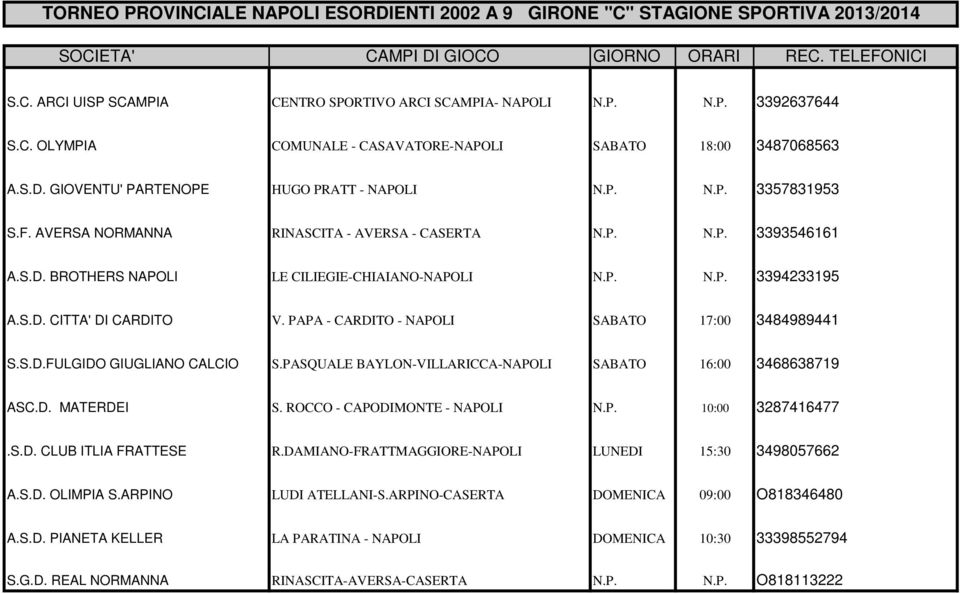 S.D. CITTA' DI CARDITO V. PAPA - CARDITO - NAPOLI SABATO 17:00 3484989441 S.S.D.FULGIDO GIUGLIANO CALCIO S.PASQUALE BAYLON-VILLARICCA-NAPOLI SABATO 16:00 3468638719 ASC.D. MATERDEI S.