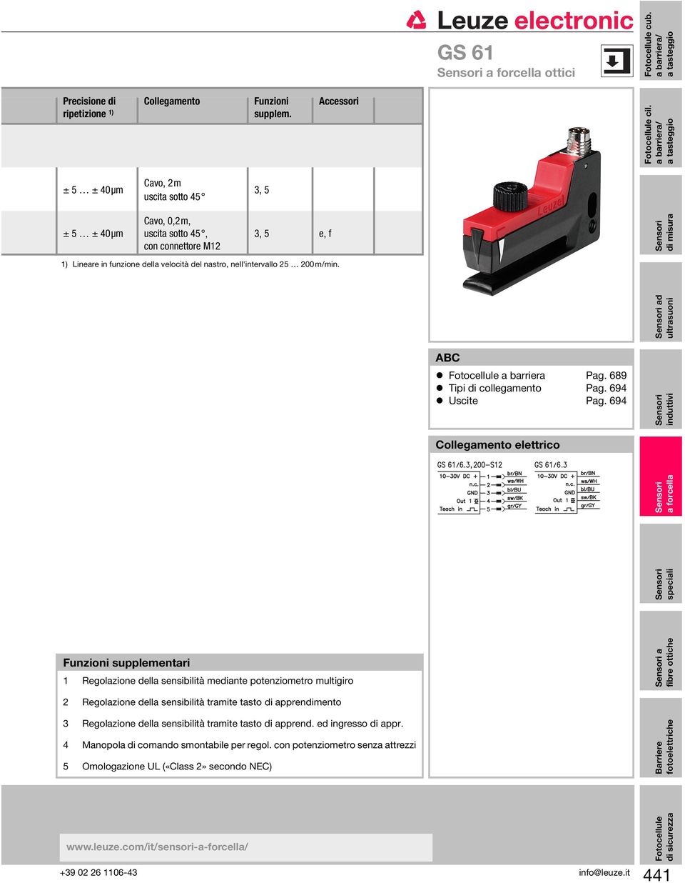 speciali ad ultrasuoni ABC Fotocellule a barriera Pag. 689 Tipi di collegamento Pag. 694 Uscite Pag.