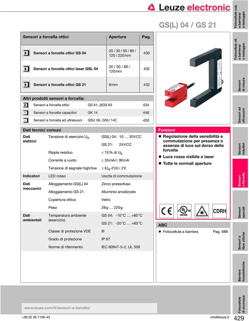 Dati tecnici comuni Funzioni Dati elettrici Tensione di esercizio U B Ripple residuo Corrente a vuoto Tensione di segnale high/low GS(L) 04: 10 30VCC GS 21: 24VCC 15% di U B 35mA/ 90mA (U B -2V)/ 2V