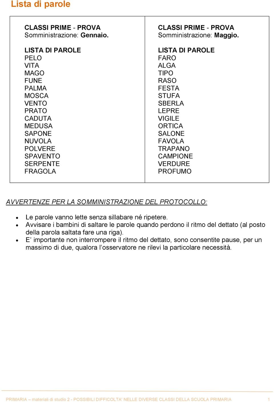 LISTA DI PAROLE FARO ALGA TIPO RASO FESTA STUFA SBERLA LEPRE VIGILE ORTICA SALONE FAVOLA TRAPANO CAMPIONE VERDURE PROFUMO AVVERTENZE PER LA SOMMINISTRAZIONE DEL PROTOCOLLO: Le parole vanno lette