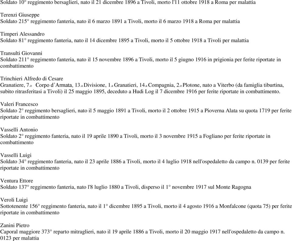 Soldato 211 reggimento fanteria, nato il 15 novembre 1896 a Tivoli, morto il 5 giugno 1916 in prigionia per ferite riportate in Trinchieri Alfredo di Cesare Granatiere, 7.o Corpo d Armata, 13.