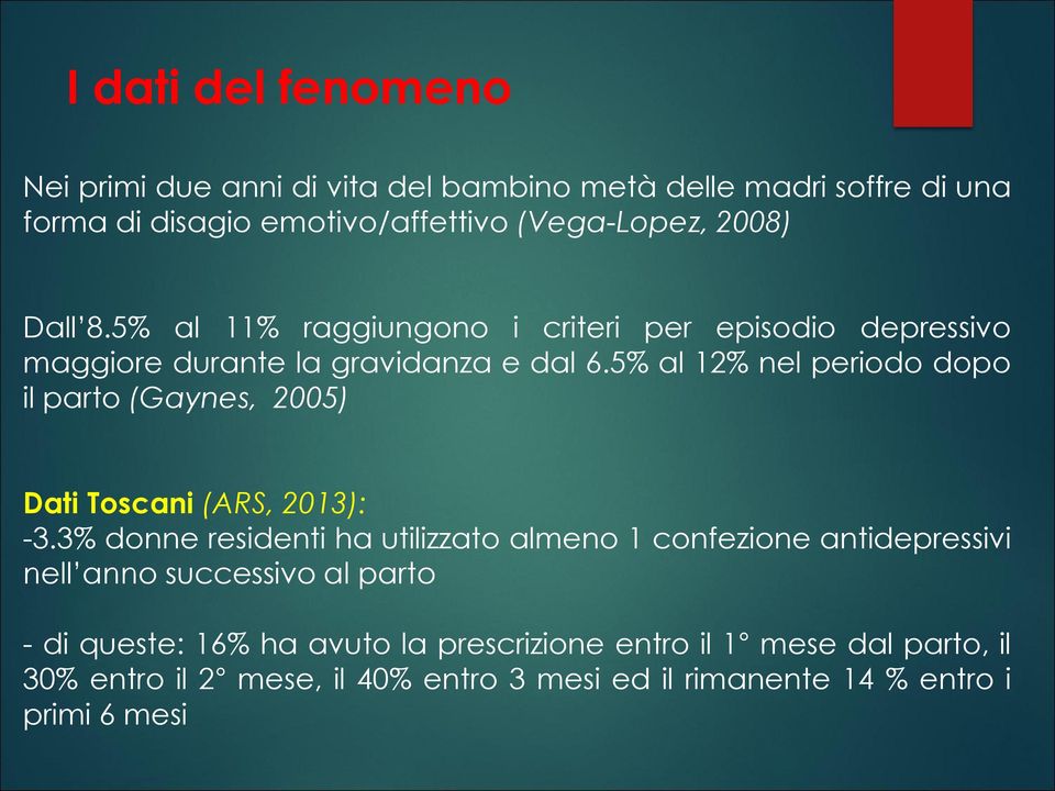 5% al 12% nel periodo dopo il parto (Gaynes, 2005) Dati Toscani (ARS, 2013): -3.