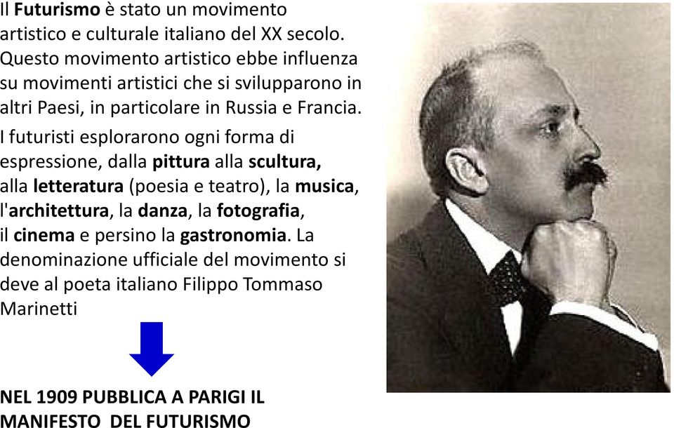 I futuristi esplorarono ogni forma di espressione, dallapitturaallascultura, allaletteratura(poesiaeteatro), la musica, l'architettura,