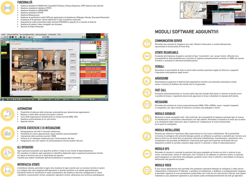 territorio nazionale Acquisizione video automatica dalla centrale ATEARGO a seguito di un evento di allarme Gestione di sistemi video navigabili con browser Servizio di Video Portierato MODULI