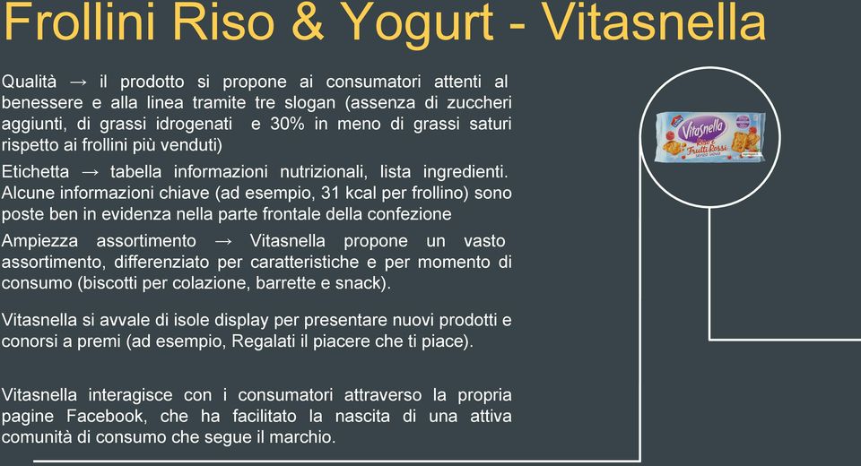 Alcune informazioni chiave (ad esempio, 31 kcal per frollino) sono poste ben in evidenza nella parte frontale della confezione Ampiezza assortimento Vitasnella propone un vasto assortimento,