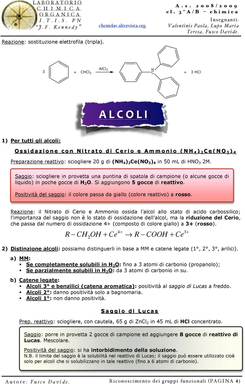 50 ml di HNO 3 2M. Saggio: sciogliere in provetta una puntina di spatola di campione (o alcune gocce di liquido) in poche gocce di H 2 O. Si aggiungono 5 gocce di reattivo.