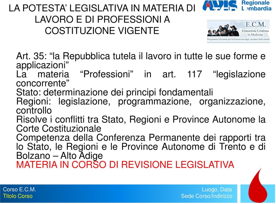 117 legislazione concorrente Stato: determinazione dei principi fondamentali Regioni: legislazione, programmazione, organizzazione, controllo Risolve i conflitti tra